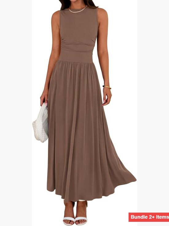 Dresses & Skirts - Sleeveless Maxi Dress Ruched High Waist Flowy Casual Beach Sundress